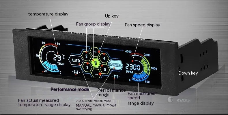 Black PC chassis touch screen temperature controller for optical drive bay installation with colourful LED display
