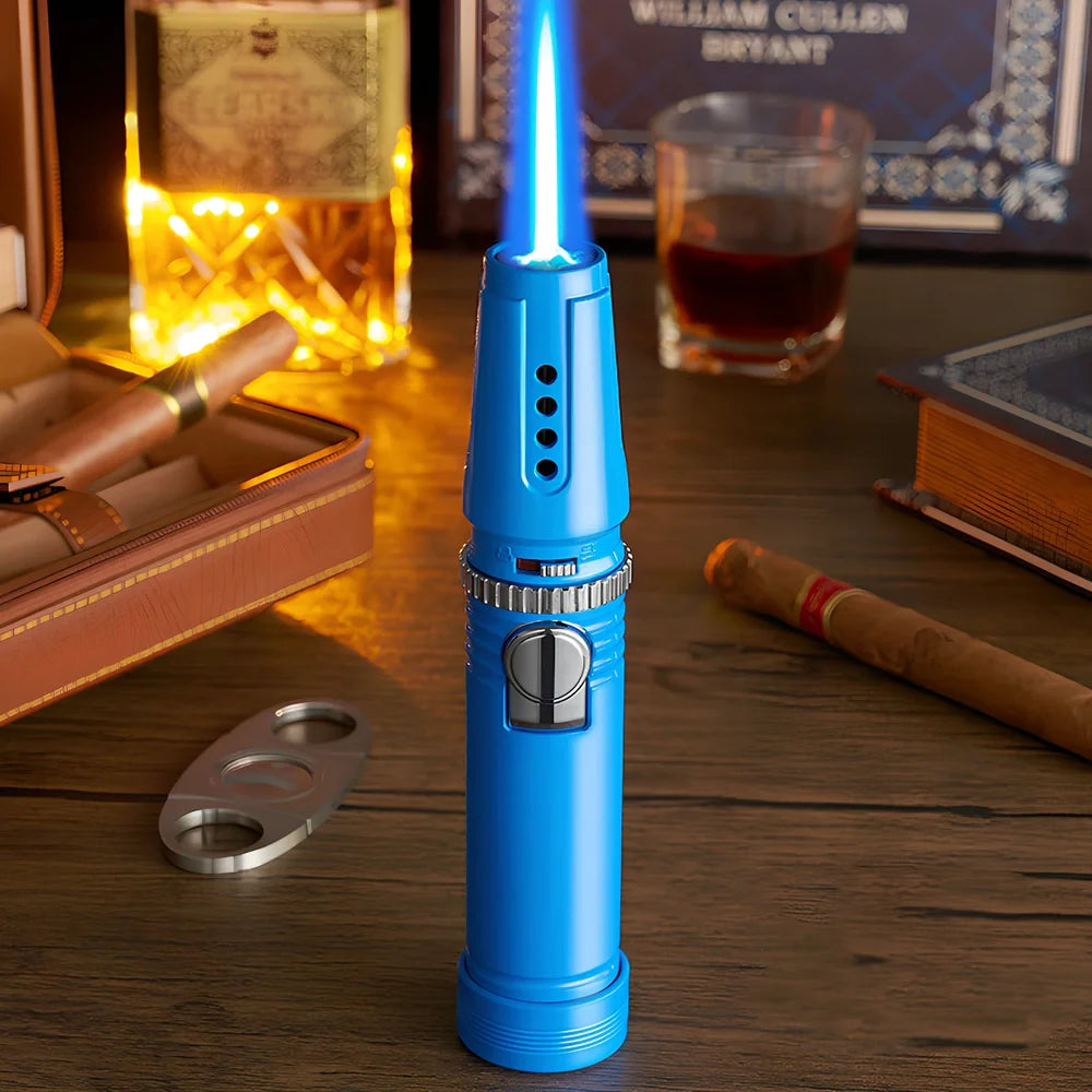 Windproof electronic cigar lighter with blue flame and zinc alloy construction
