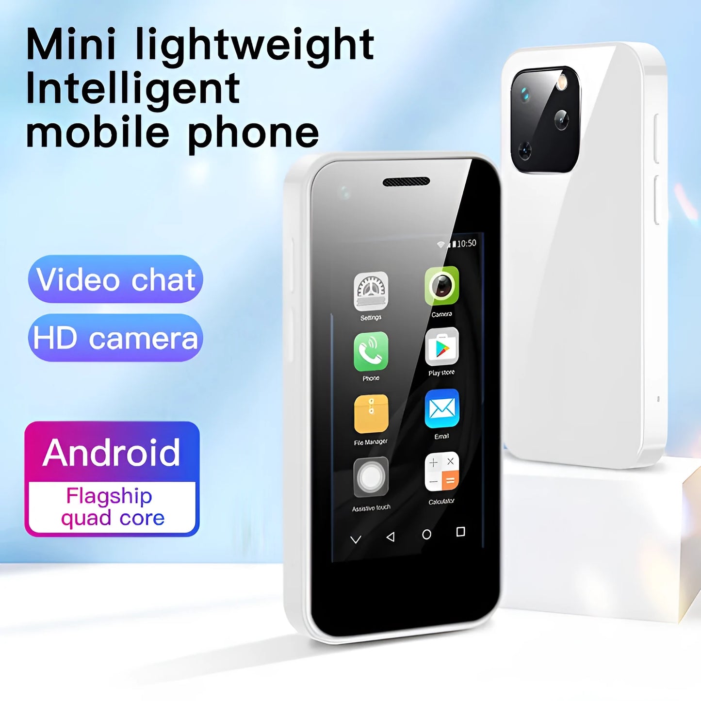 Ultra-small Android mini phone in Phantom Night Black colour, shown next to a standard Type-C charging cable.