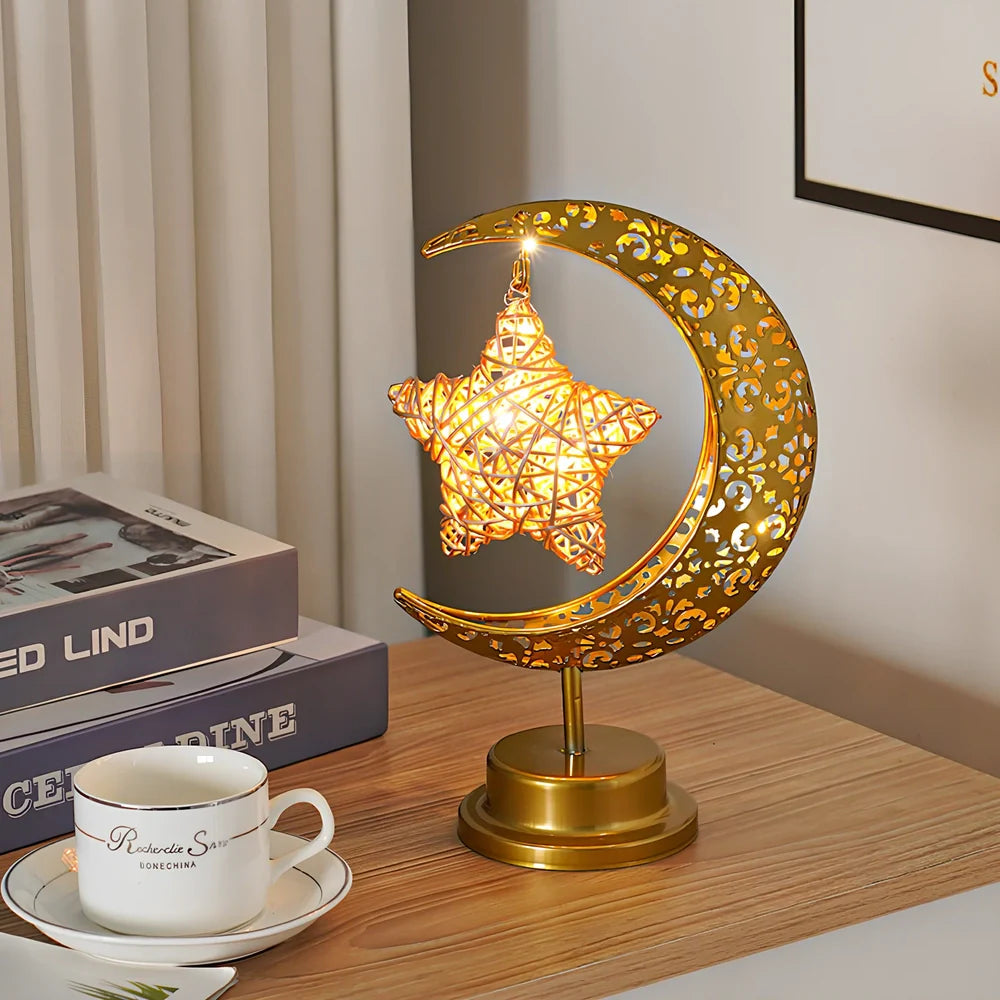 LED modelling lamp with iron shell, 13x14x28cm dimensions, multiple decorative styles including moon and star designs
