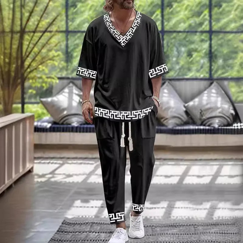 Cropped sleeves V-neck trousers suit in thin polyester fabric, available in multiple colours and sizes from S to 6XL