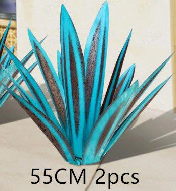 Handmade rustic tequila agave metal sculpture with blue highlights for garden or home decor