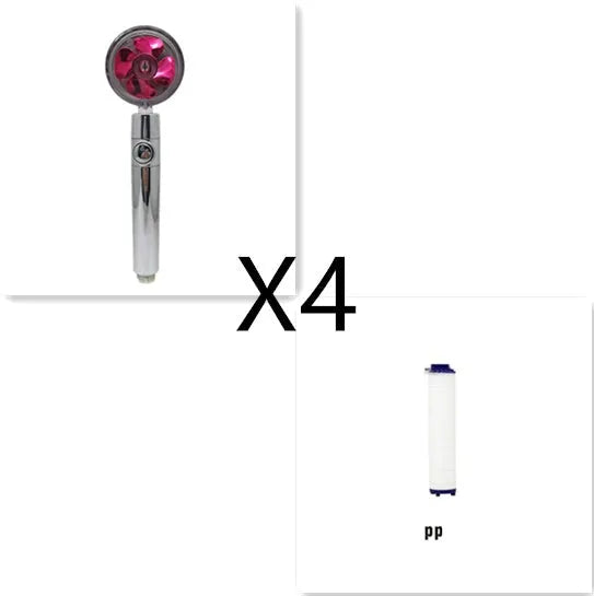 Chrome-finished ABS plastic water-saving shower head with a round, rotating spray head.
