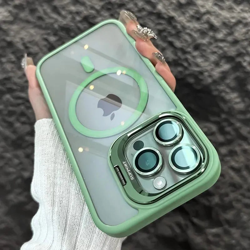 Transparent iPhone case with invisible bracket, CD pattern lens protector and hollow electroplated finish in black