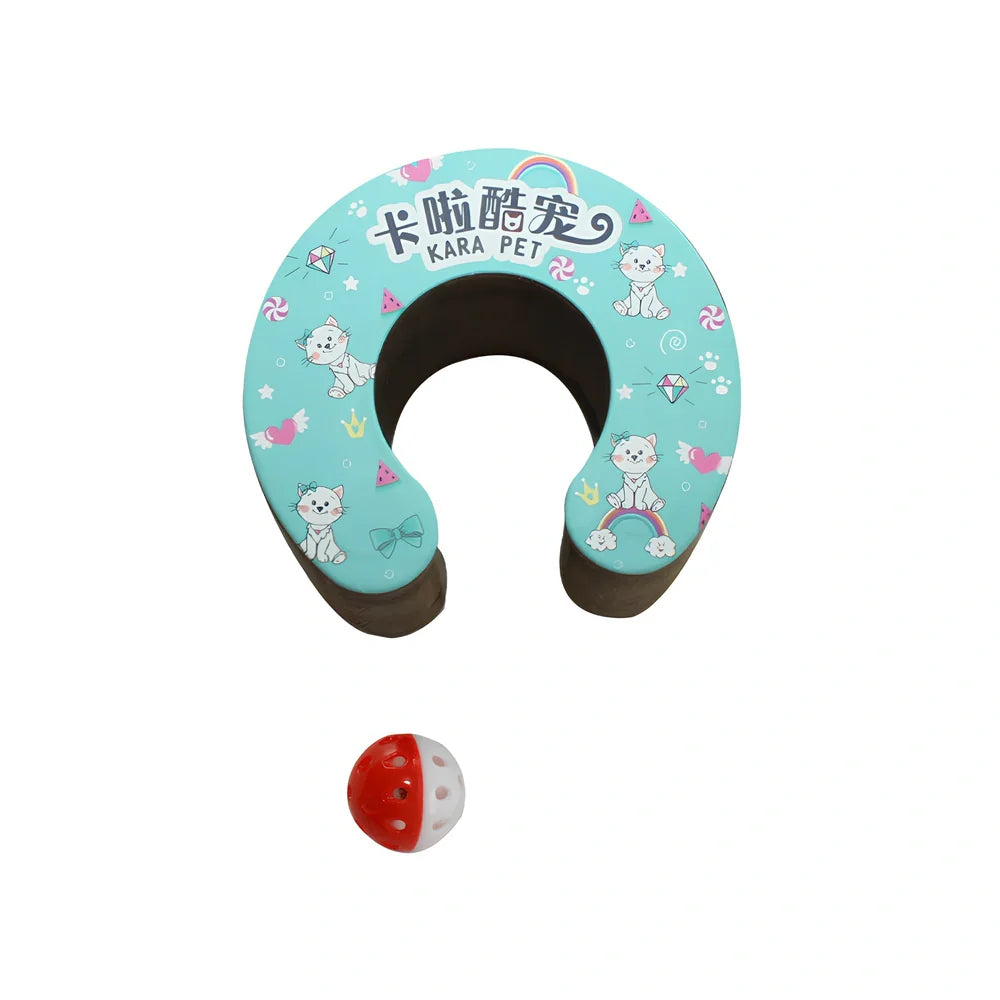 Foldable green cat patterned corrugated paper scratching board with dangling ball, wear-resistant design