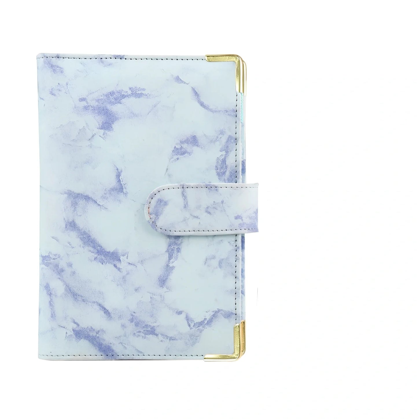 A6 leather PU binder journal open showing colour budget sheets and zip pockets with spiral binding