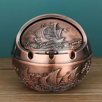 Alloy ashtray with smoke extinguishing slot in bronze finish, featuring Dragon and Phoenix motif, S size