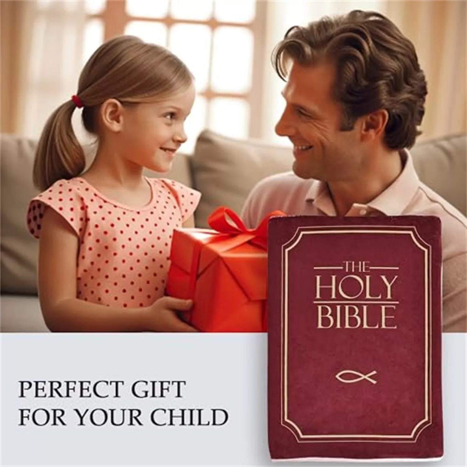 Soft red Bible pillow plush toy for kids, featuring 1st Corinthians 13 inside