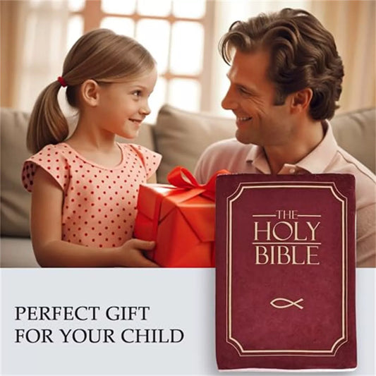 Soft red Bible pillow plush toy for kids, featuring 1st Corinthians 13 inside