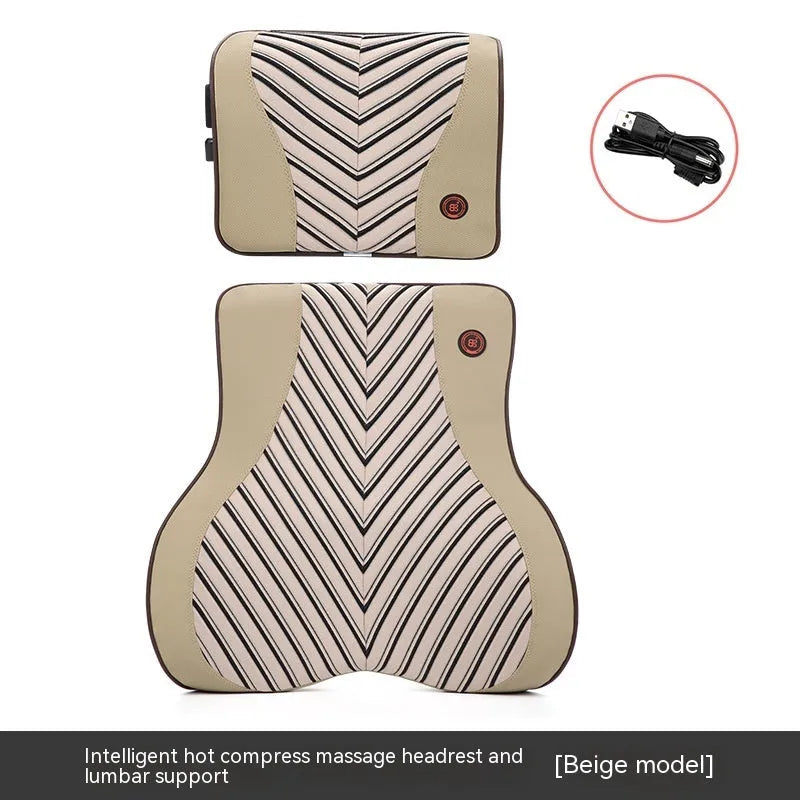 Black and orange electric massage heating car headrest and lumbar support cushion on a vehicle seat.