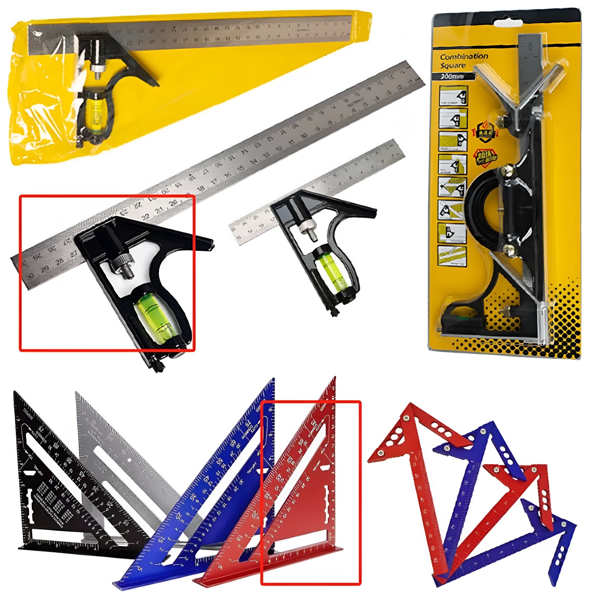 Two red thin 7-inch metal combination angle rulers with metric markings on a surface.