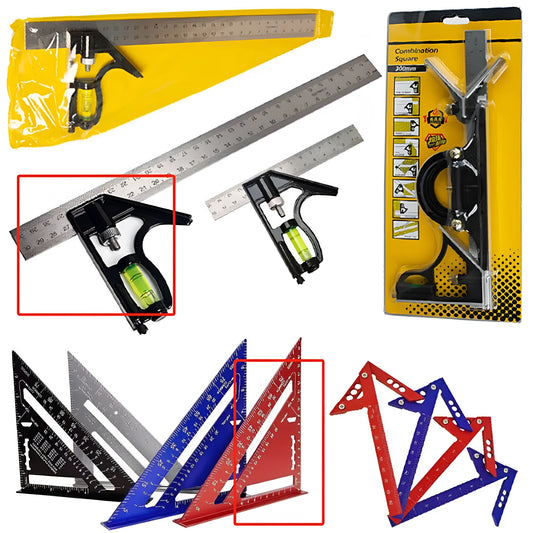 Two red thin 7-inch metal combination angle rulers with metric markings on a surface.