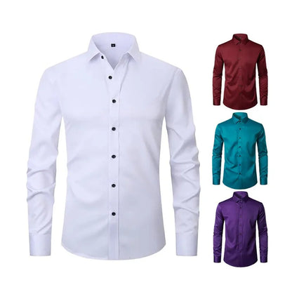 Men's stretch long sleeve work shirt in polyester, available in multiple colours and sizes S to 3XL for weights 70-130kg.