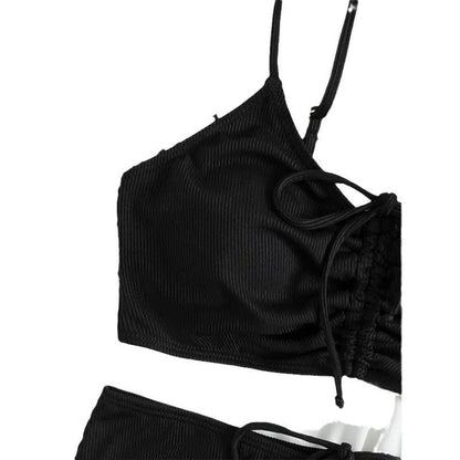 Black women's bikini with high waist and sling split design, shown as a two-piece set.
