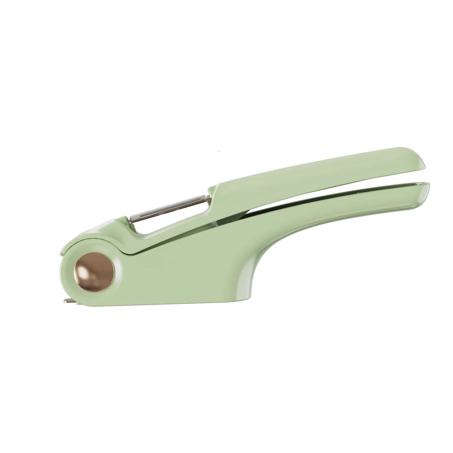 White manual garlic press with stainless steel mechanism on wooden kitchen surface