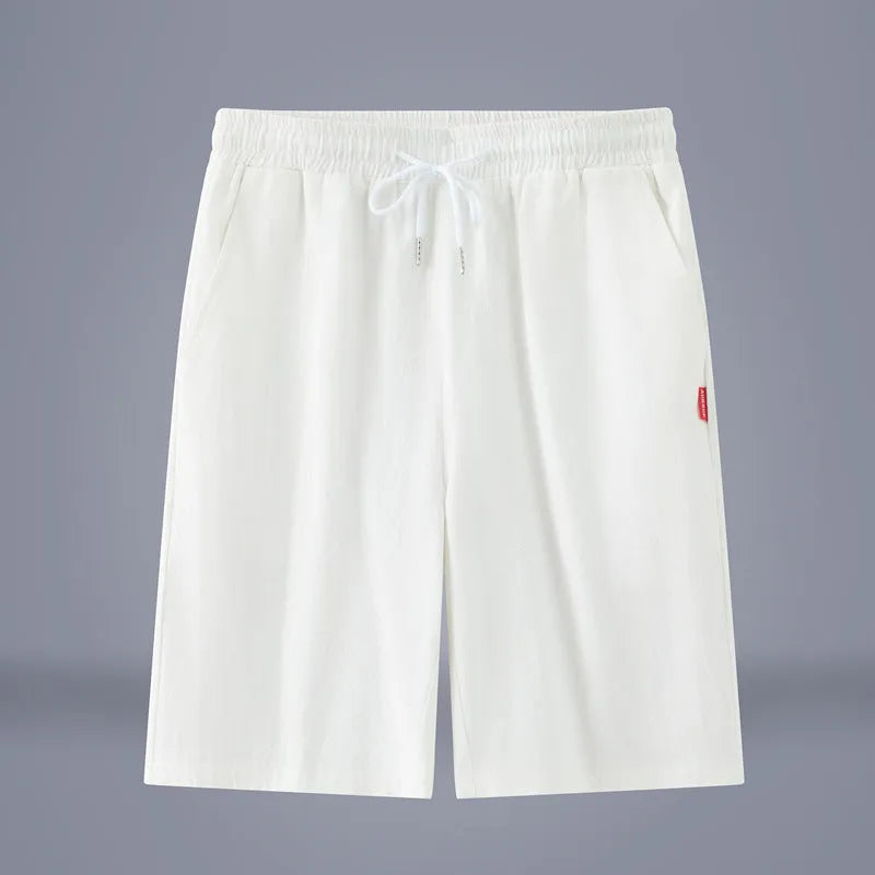 Chinese-style solid colour cropped pants with drawstring waist in cotton linen blend fabric