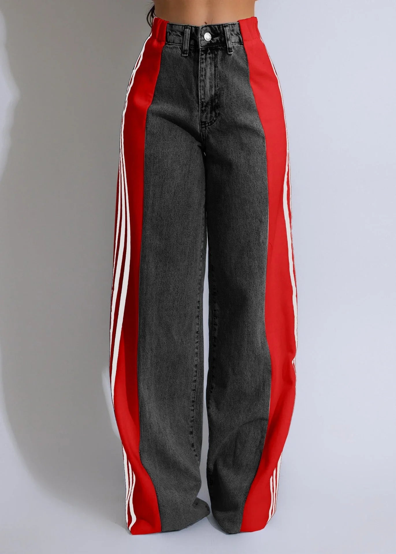 Stylish high-waist denim trousers with patchwork design, available in various color options
