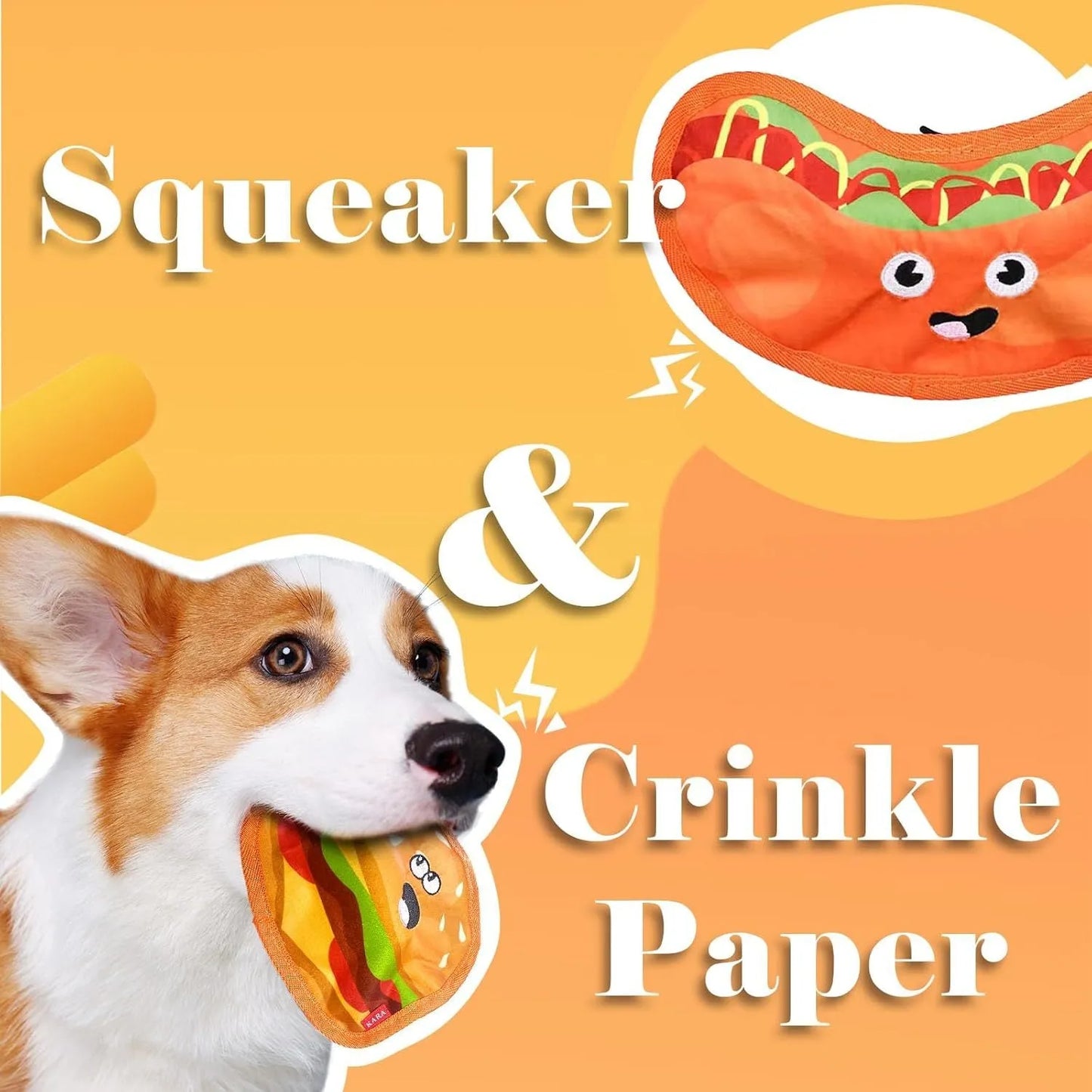 Food-themed crinkle and squeak dog toy in hamburger design for interactive play