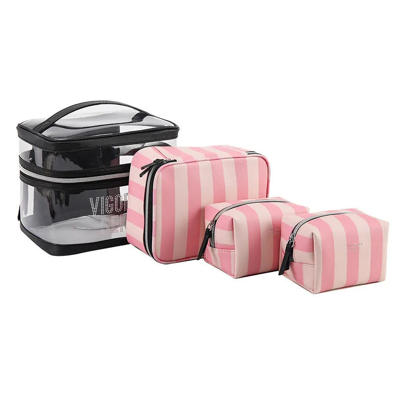 Pink and white floral pattern makeup bag with bold stripes, made from synthetic leather.