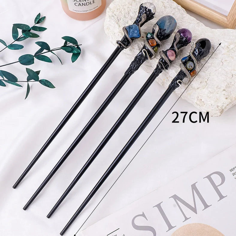 Natural crystal ball magic wand with wooden handle showing labradorite, obsidian, white crystal, or amethyst options