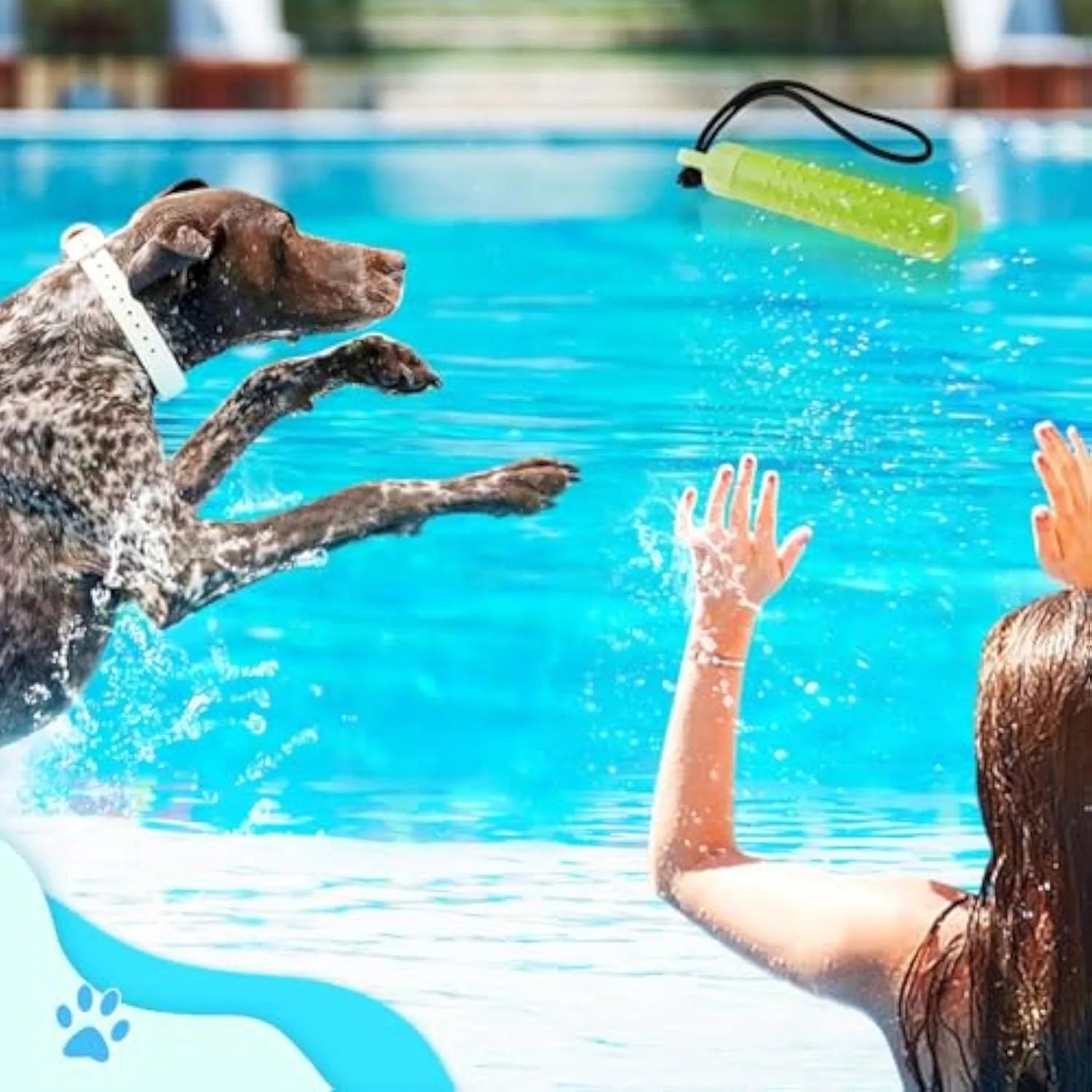 Two bright red and green floating TPR dog toys with ropes for water fetch and food hiding.