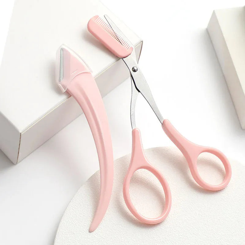 Eyebrow Trimming Knife With Comb Curved Moon Small Beauty Supplies Gadgets - Stainless Steel and Plastic Two-Step Tool for Eyebrow Shaping and Excess Hair Removal in White or Pink