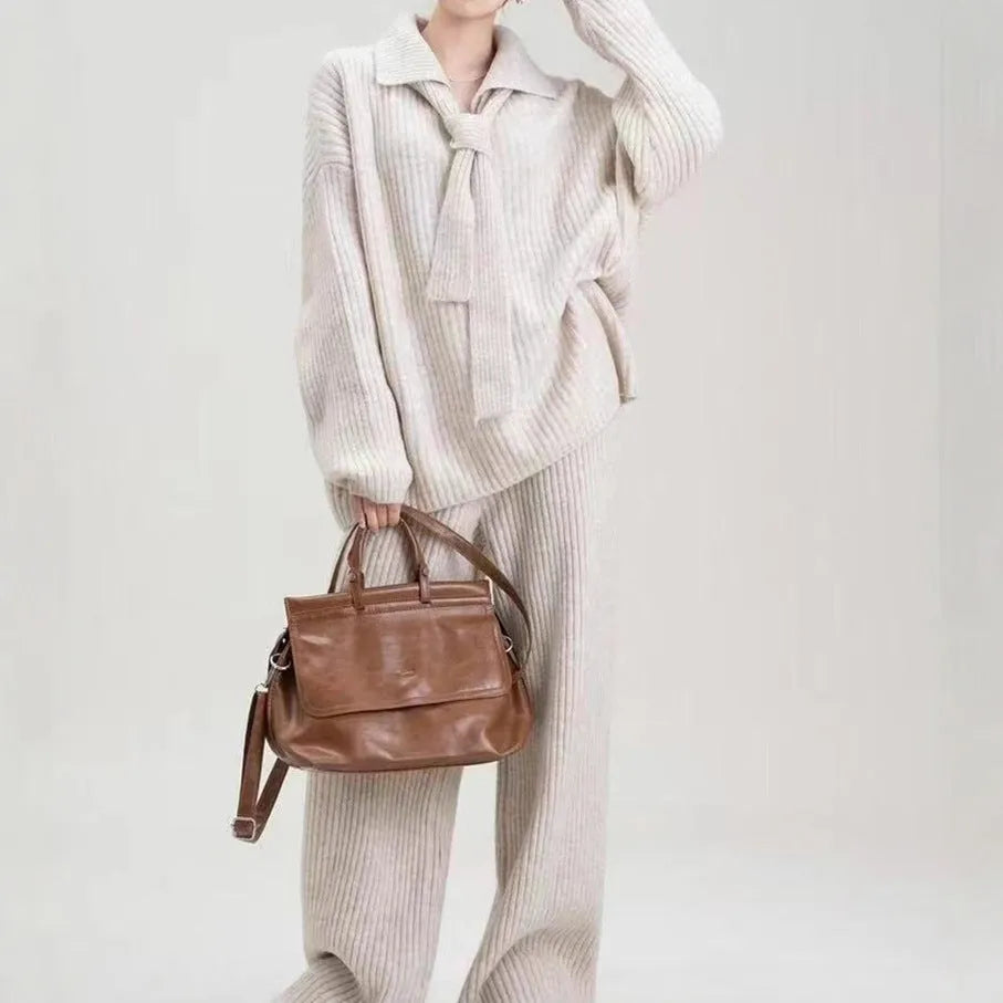Sweater suit set with top and trousers in acrylic fibre imitation cashmere fabric, available in dark grey, grey, beige, or dark coffee