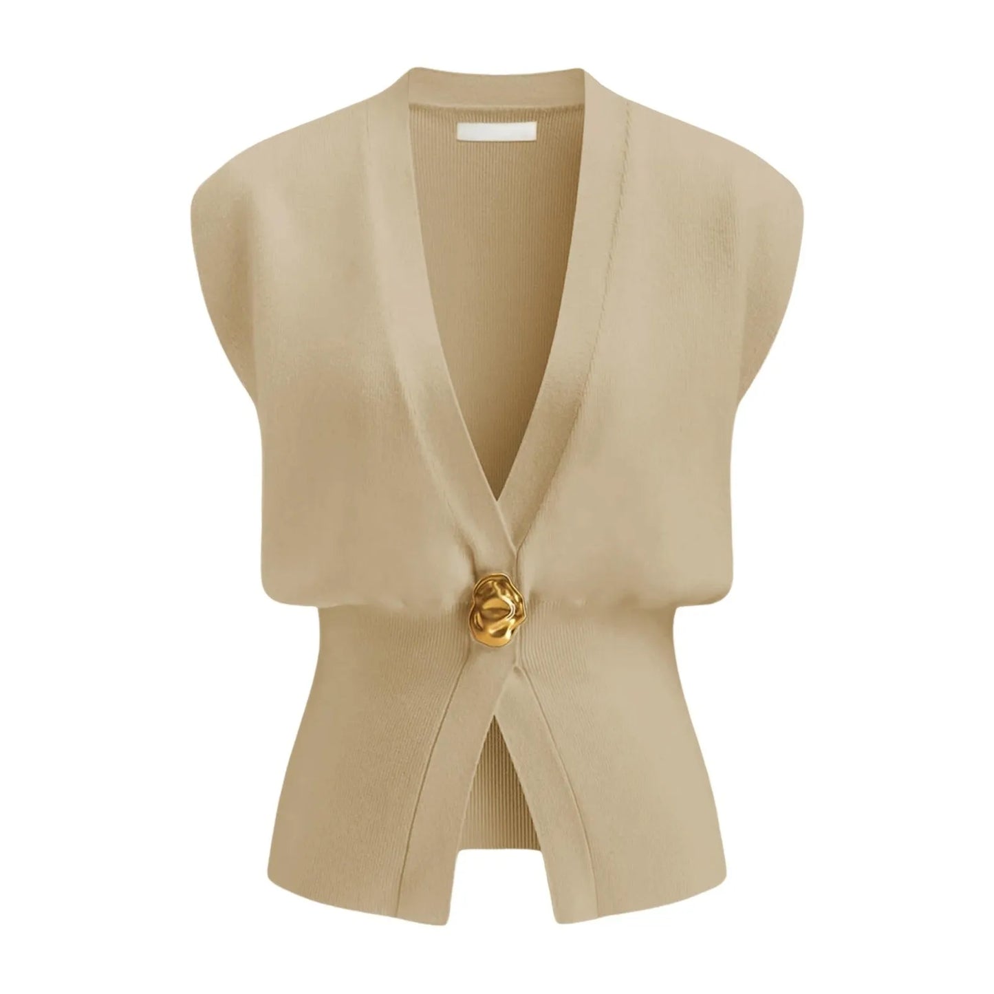Women's loose fit V-neck button cardigan sweater in knitted polyester fabric.