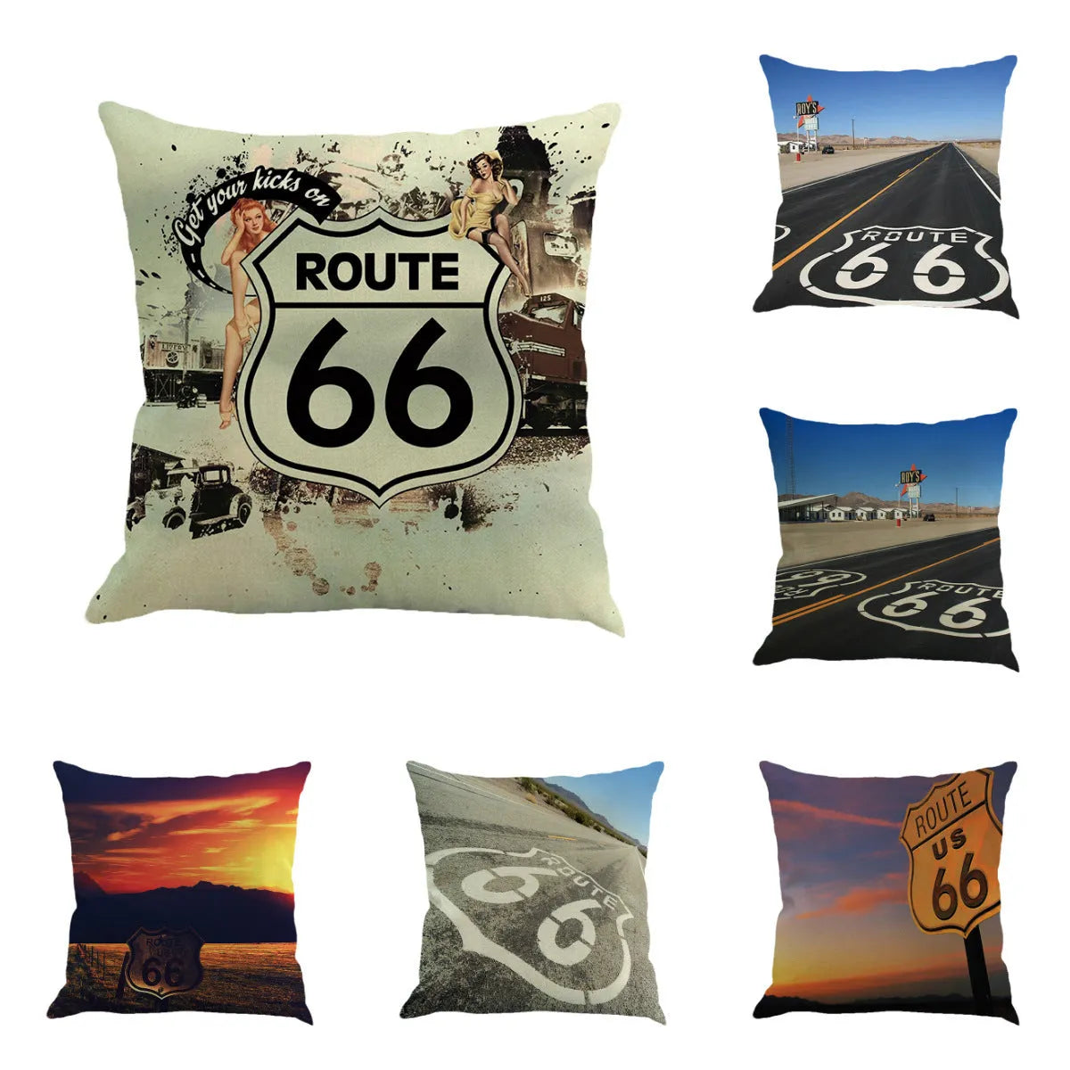 Us Route 66 linen blend cushion cover with European landscape pattern, 45x45cm dimensions, six colour options