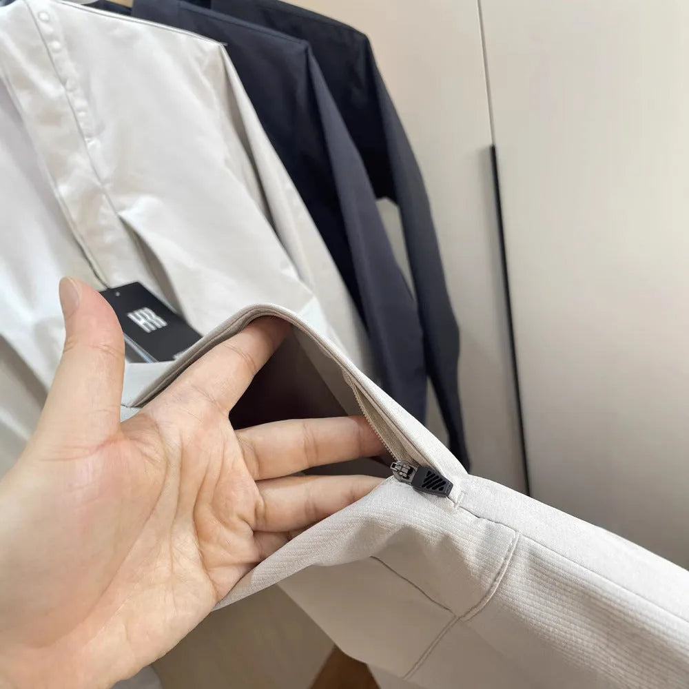 Men's stand collar casual jacket in polyester, shown in a neutral colour with straight hem and long sleeves.