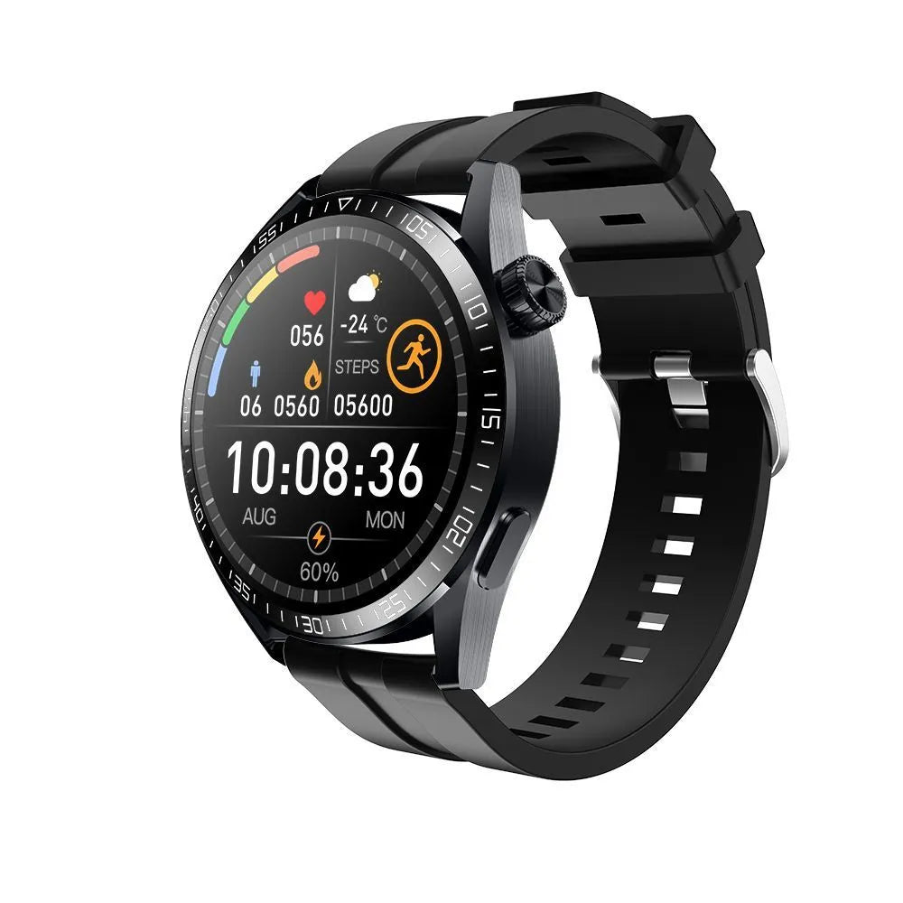 Black GS3 Max smartwatch with a 1.35-inch screen on a silicone wristband, showing health metrics and call interface.