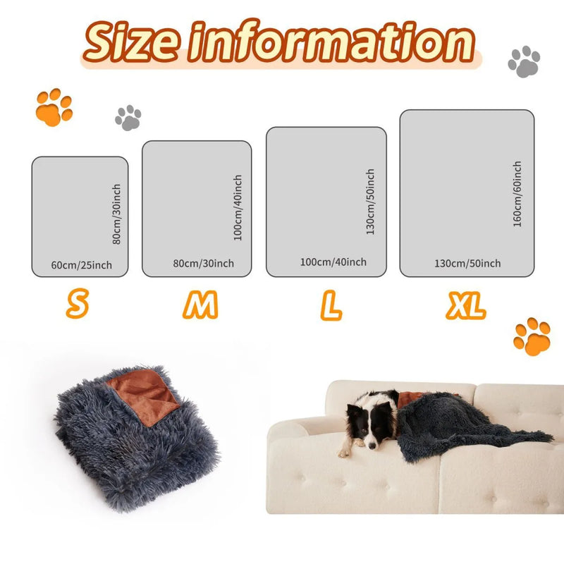 Luxury velvet and long plush dog cushion blanket available in four sizes from 60x80cm to 130x160cm, a soft and breathable cover for pet crates, sofas, chairs, and car seats in light grey or dark grey