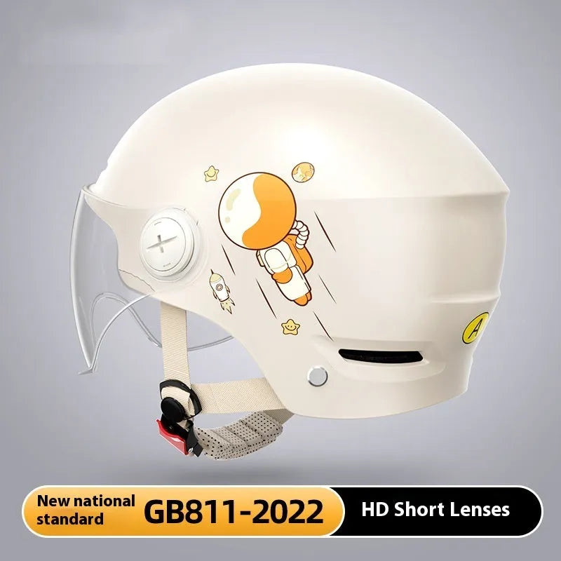 Khaki electric motorcycle half helmet with integrated glasses showing ABS construction and free size fit