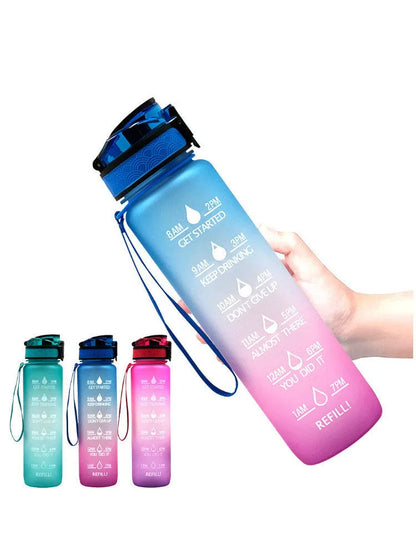 Transparent 1000ml Tritan sports water bottle with infuser on a plain background