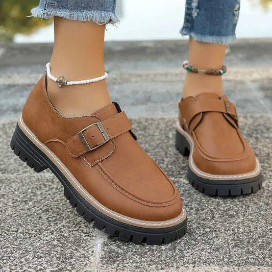 Stylish women's buckle loafers with thick sole for height increase