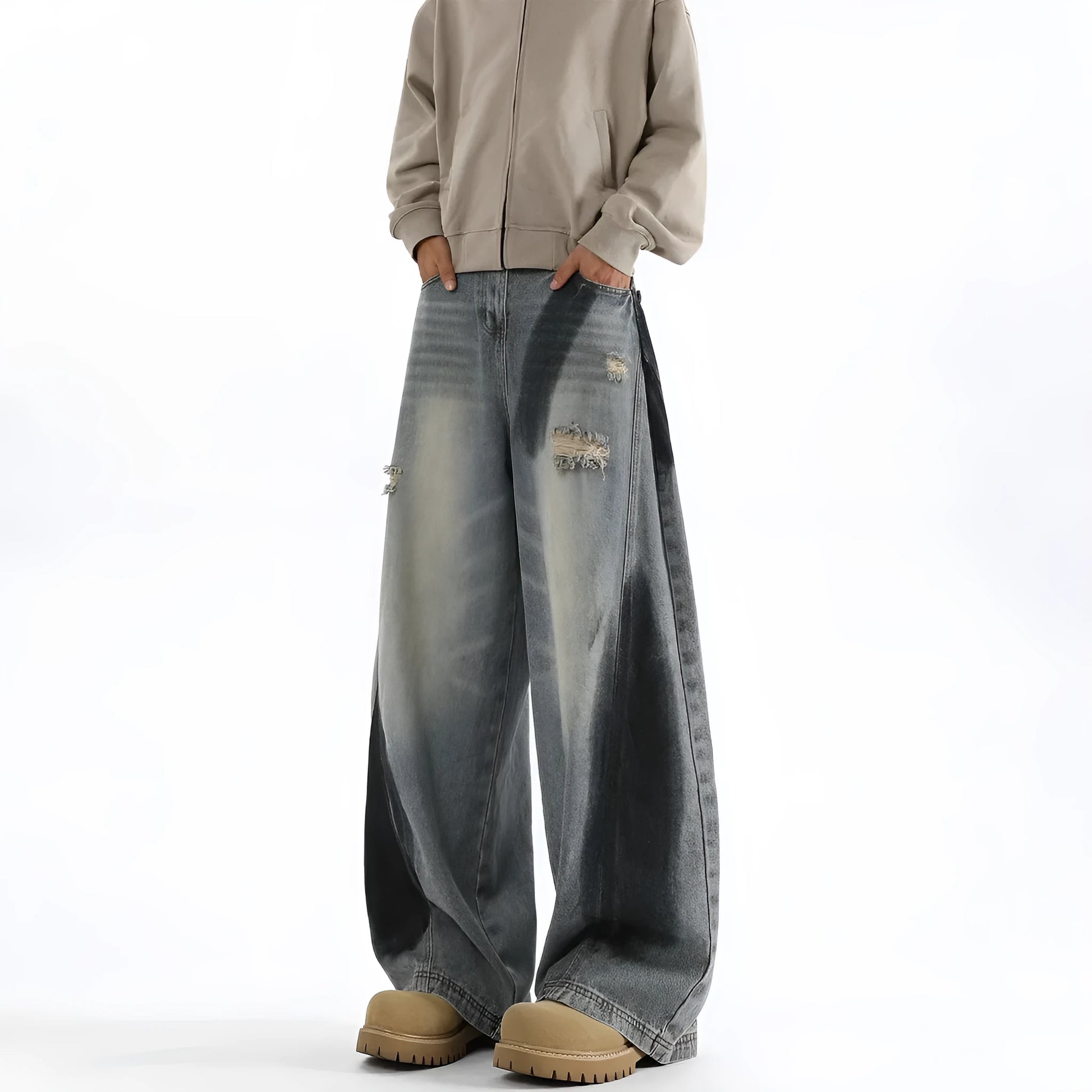 Men's blue American-style ripped jeans with splash-ink pattern and micro elastic cotton fabric