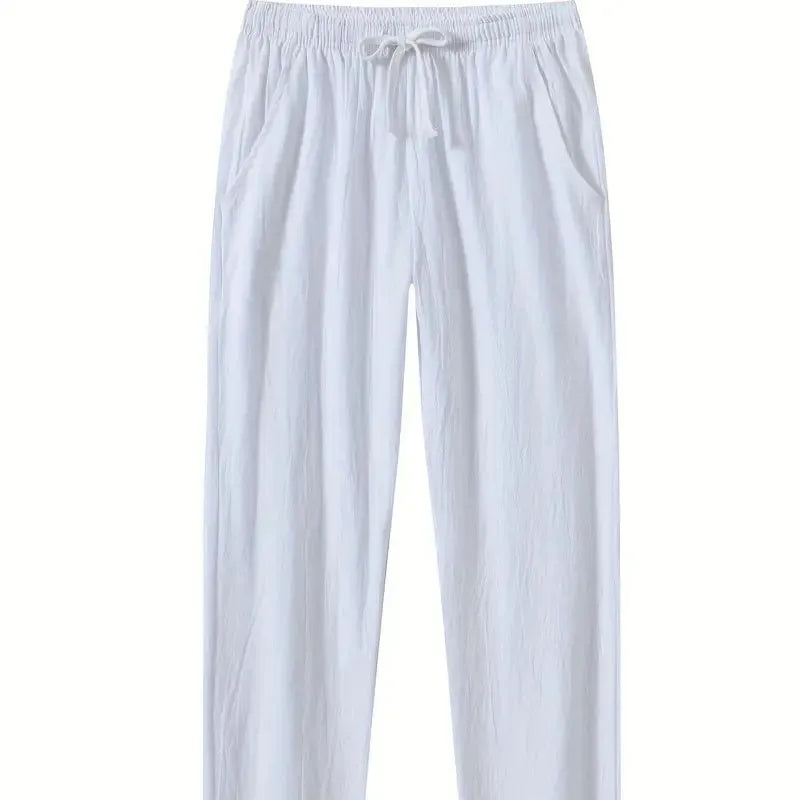 Men's cotton linen beach trousers in loose casual fit, shown in solid colour options