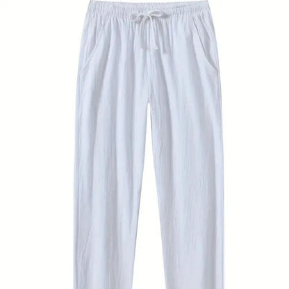 Men's cotton linen beach trousers in loose casual fit, shown in solid colour options