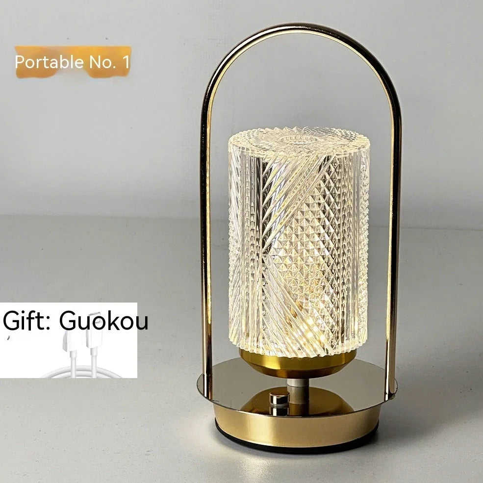 Metal portable ambience light with lantern shape measuring 11×23cm, showing touch controls and 27 colour options
