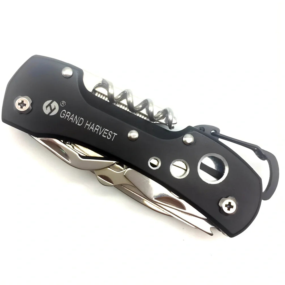 Black handled multifunctional folding army knife open to 22cm with stainless steel blade for fishing and outdoor use