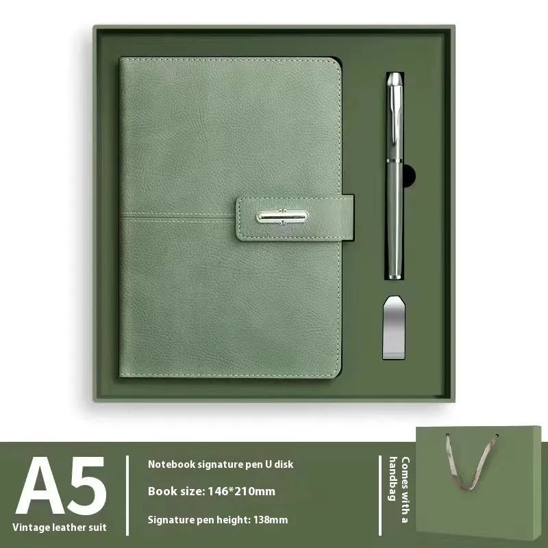 A5 notebook with imitation leather cover in a choice of colours including black, red, green, blue, and orange.