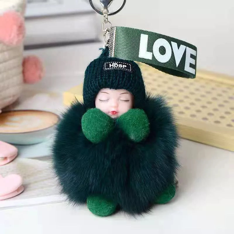 Hand-woven fox fur sleeping doll keychain pendant with optional bow