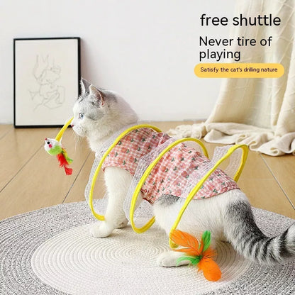 Folded Cat Tunnel S Type with Spring Toy Mouse for interactive cat play