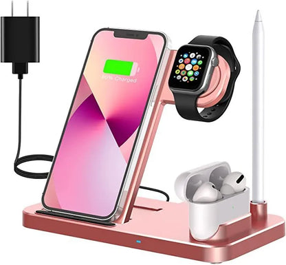 Black folding 4-in-1 wireless charger open, showing iPhone, Apple Watch, AirPods, and Apple Pen charging simultaneously.