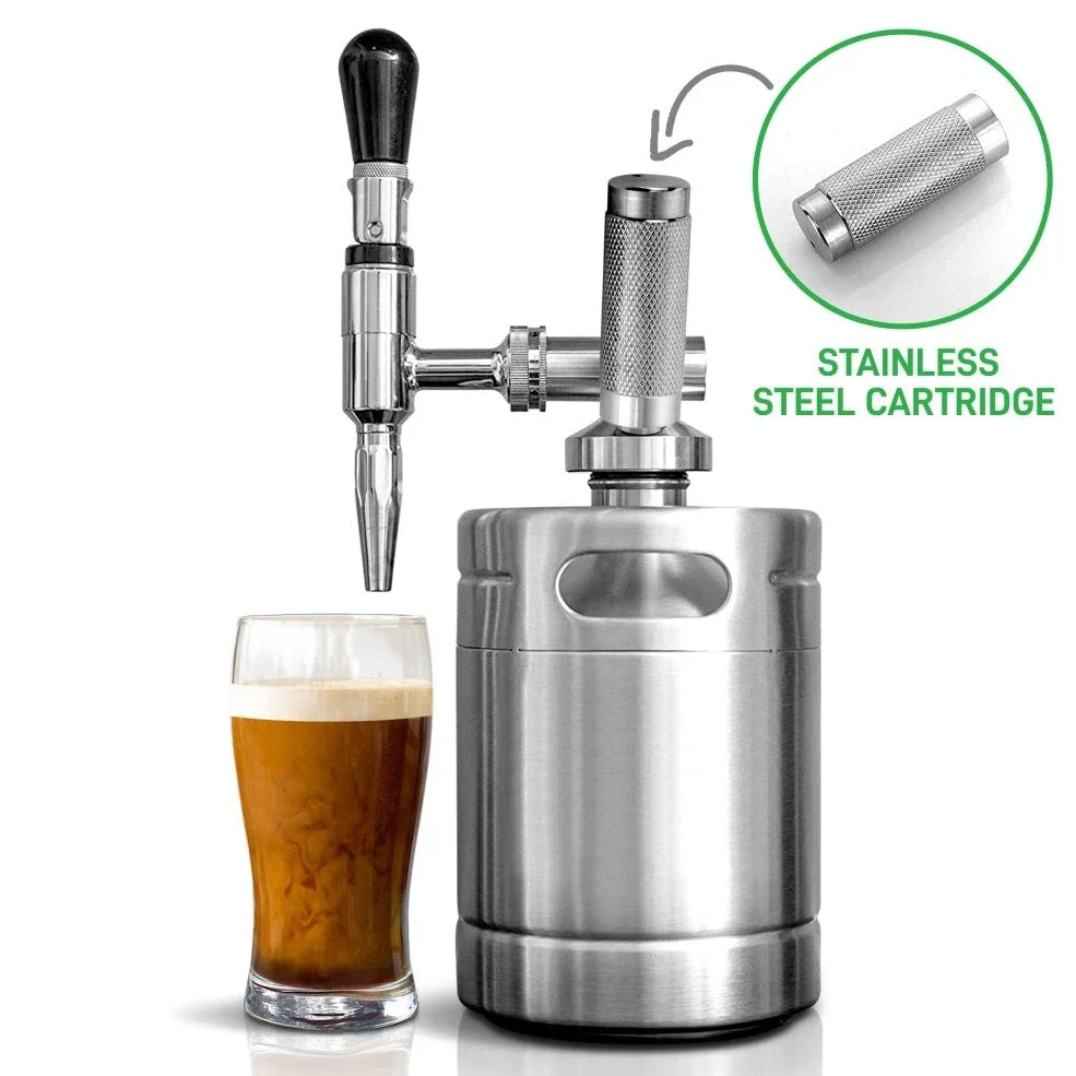 Stainless steel nitrogen coffee barrel with manual infusion system and natural finish