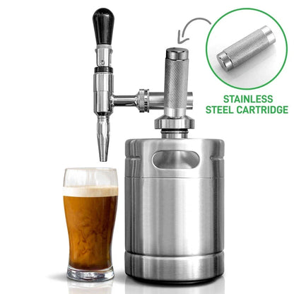 Stainless steel nitrogen coffee barrel with manual infusion system and natural finish