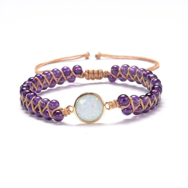 Elegant gemstone wrap bracelets in various colors, featuring amethyst, opal, and other natural stones