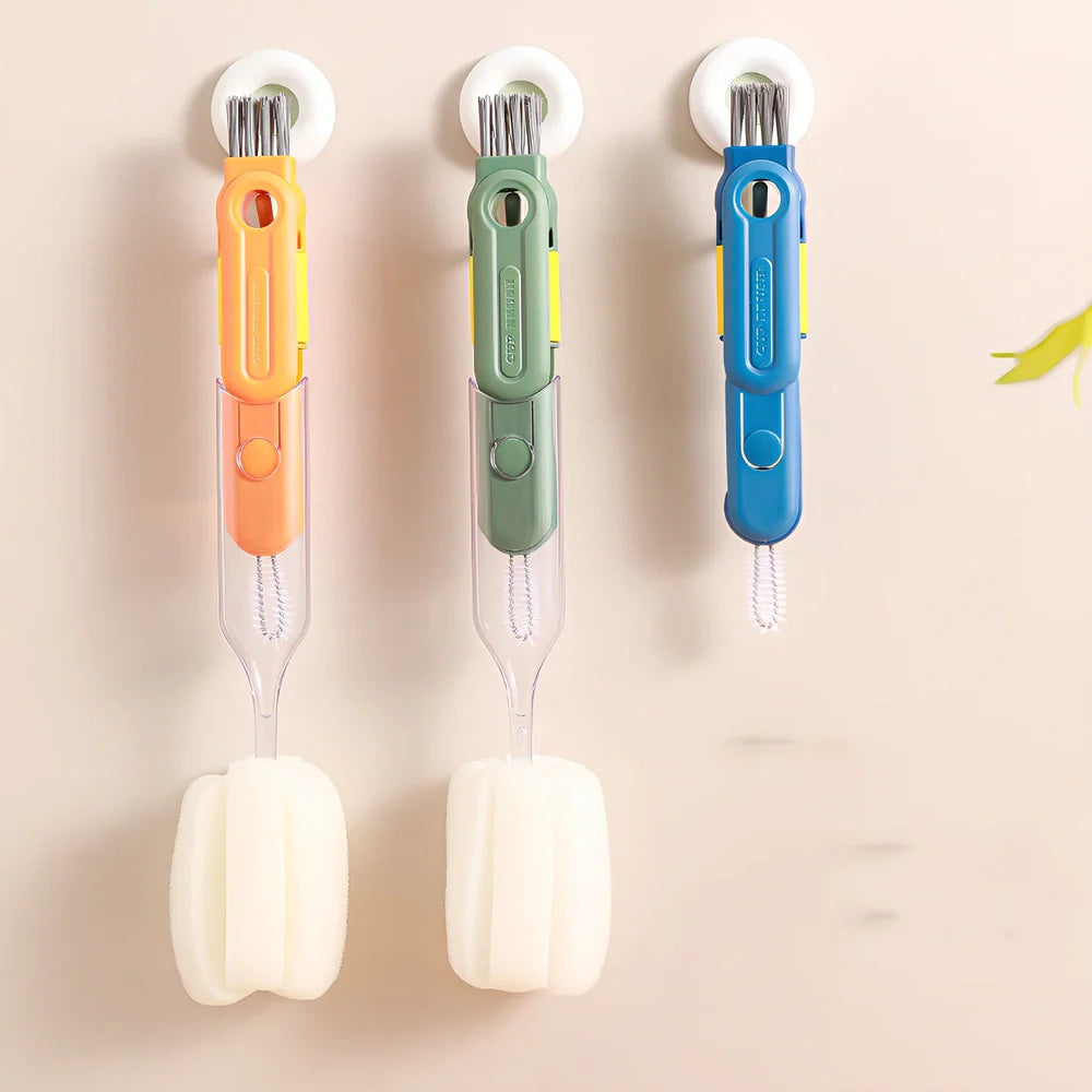 Five detachable brush heads with 32cm handles for deep container cleaning in green, blue, orange