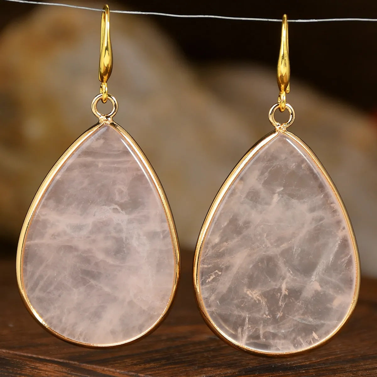 Women's retro natural stone drop earrings showing amethyst and green aventurine colour options on electroplated settings.