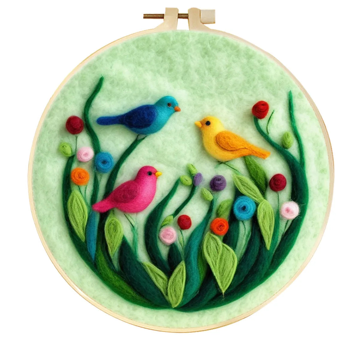 Round fabric embroidery kit with 20x20cm linen frame and wool felt for three-dimensional floral artwork